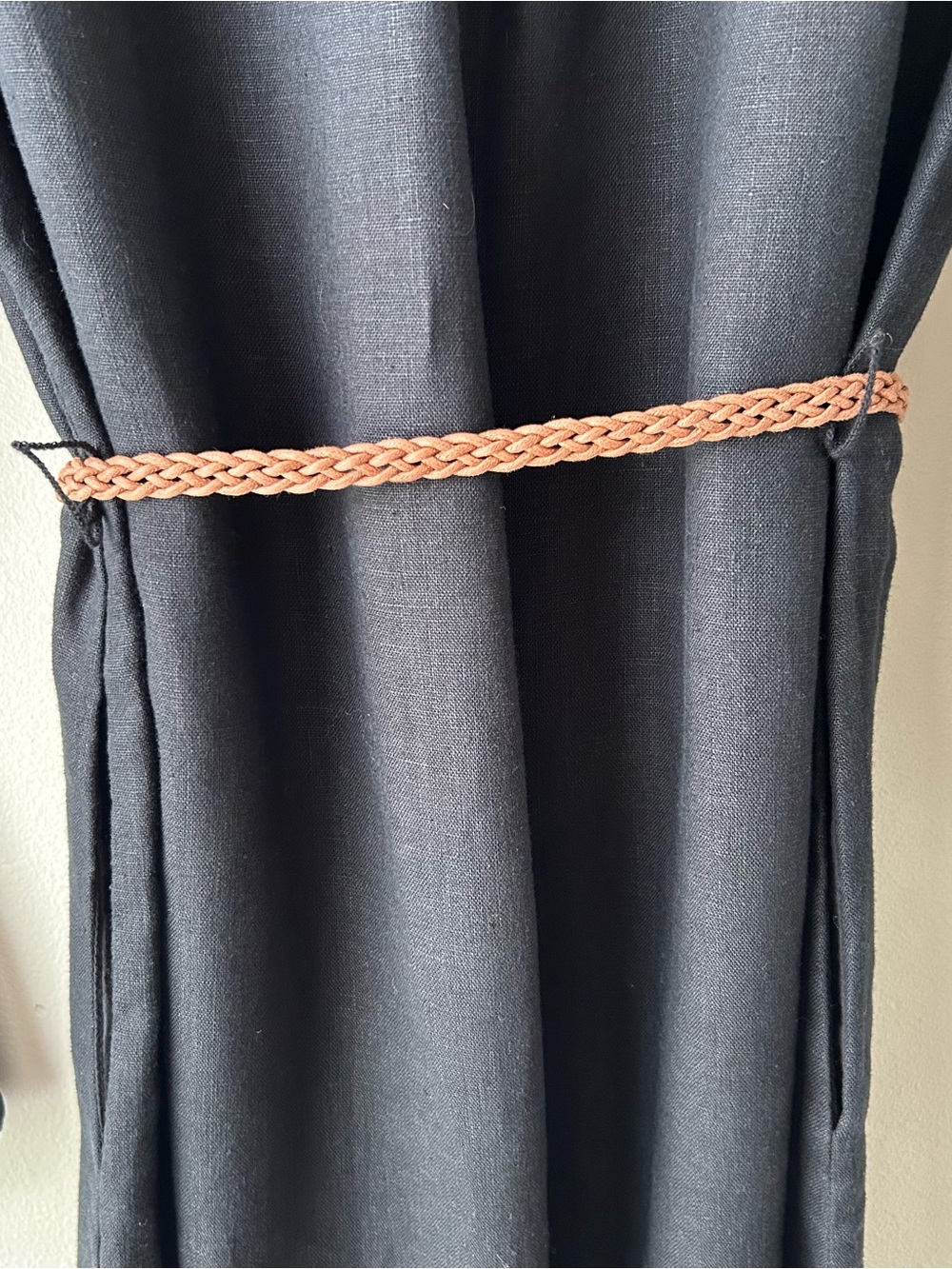 Garnet Hill 100% Linen Shirt Dress Midi Beaded Braided Belt Black Brown 8 - Picture 9 of 9